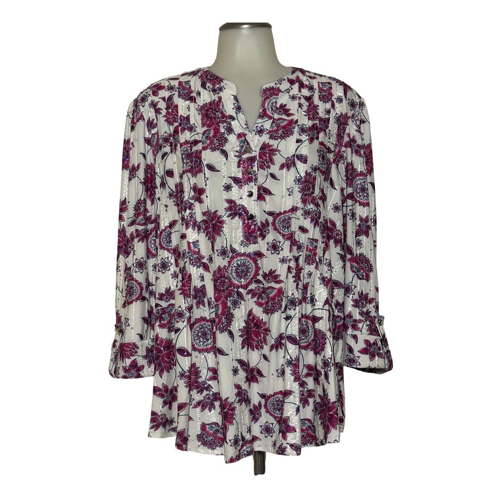 Kim Rogers Henley Top Women XL Ivory Pink Floral‎ NEW Metallic Pleat 3/4 Sleeve